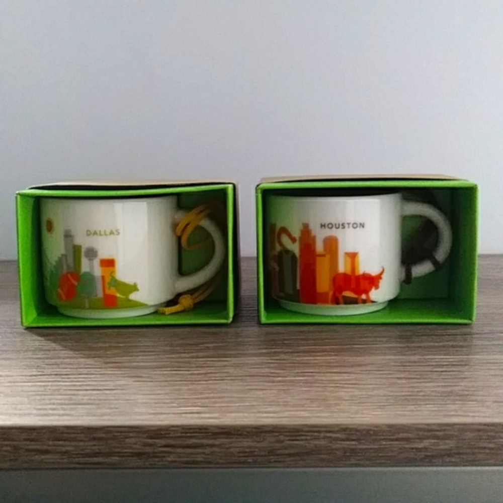 NWOT Starbucks Dallas & Houston Texas Coffee Cup Christmas Ornaments, Lot of 2
